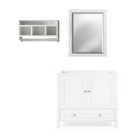Alaterre Furniture Williamsburg 3pc Wooden Bthrm Vanity Set - 36-in. L Vanity, 30-in. L Mirror, 25-in. Wall Shelf, Wht AVAN3600WHBB